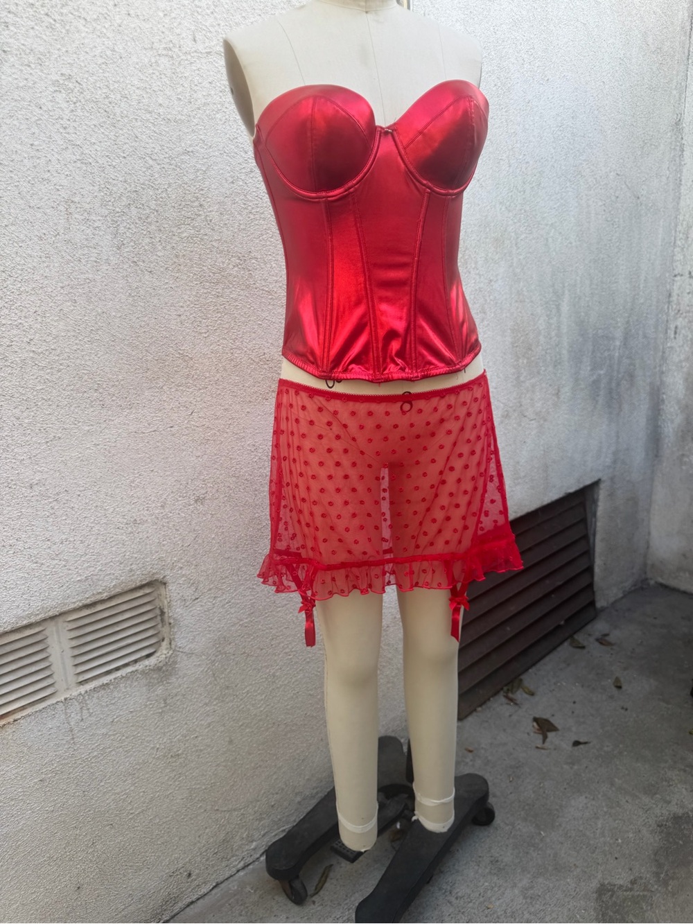 Savage X Fenty Red Satin Bustier Corset with Sheer Polka Dot Mini Skirt